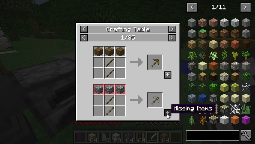 The Just Enough Items recipe screen showing two pickaxe crafting recipes beside a grid of every item in the game