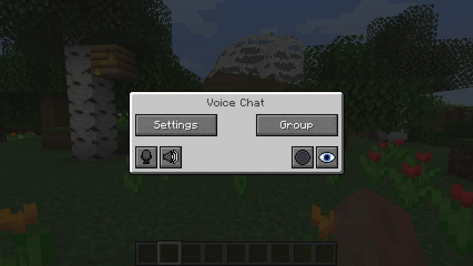 The Simple Voice Chat menu with Settings and Group buttons open over a Minecraft birch forest
