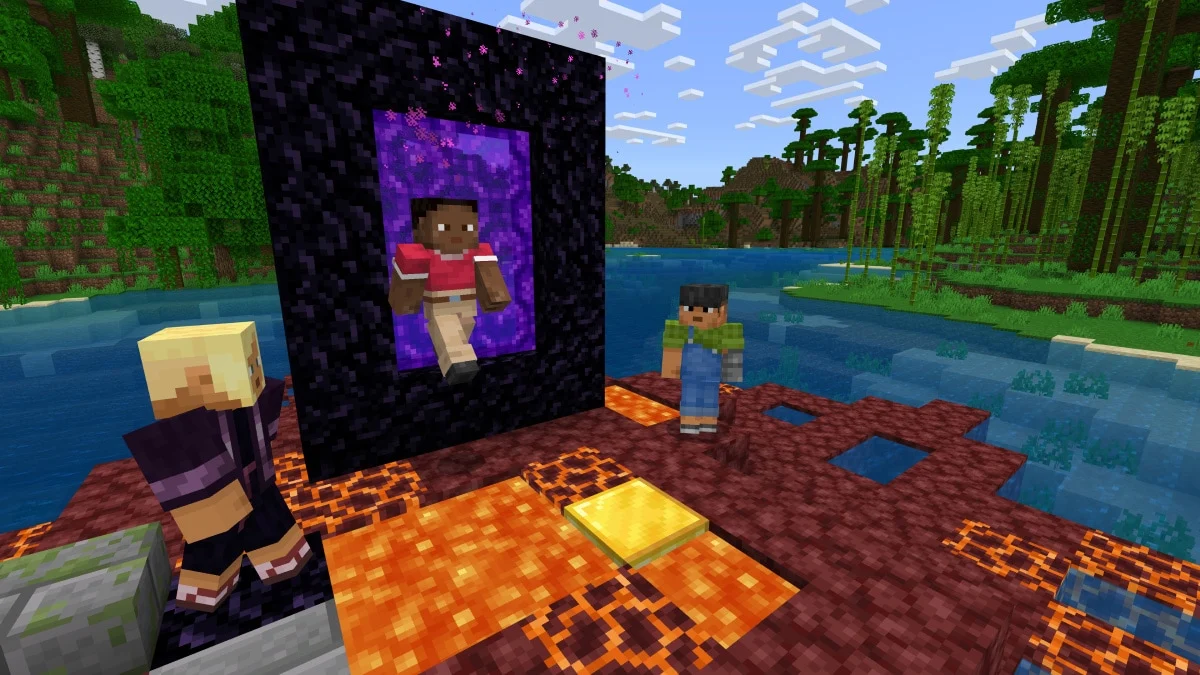 Three Minecraft players by a glowing purple Nether portal on a lava-cracked island in a jungle lake