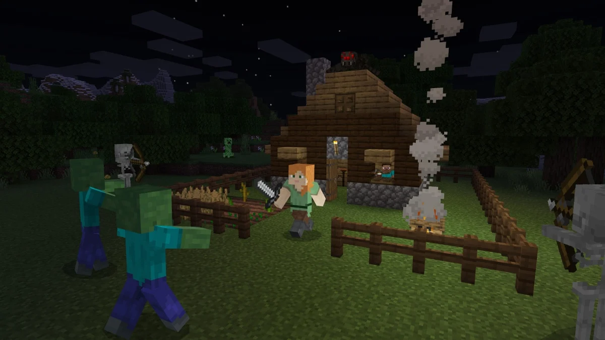 Alex holds an iron sword outside a wooden house at night as zombies and a skeleton approach in Minecraft