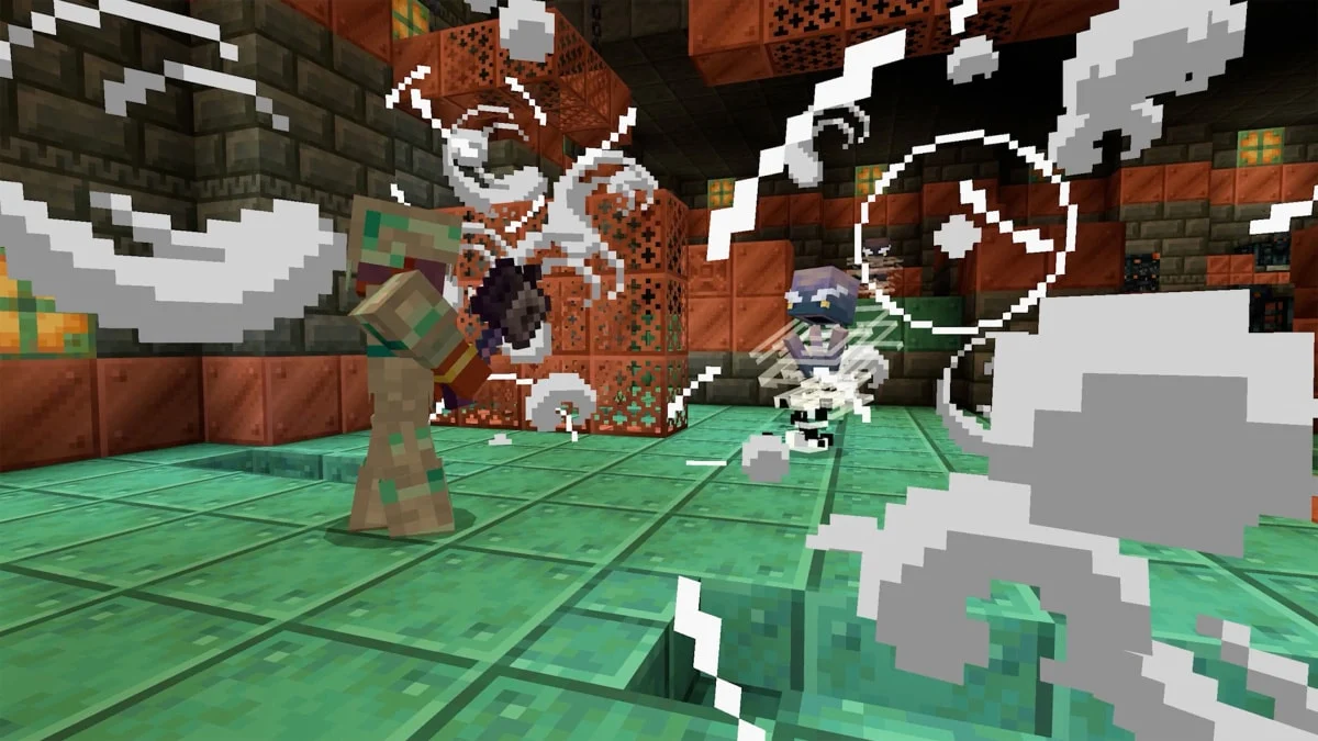 A Breeze mob blasts wind charges at a zombie and a skeleton inside a copper and tuff trial chamber in Minecraft