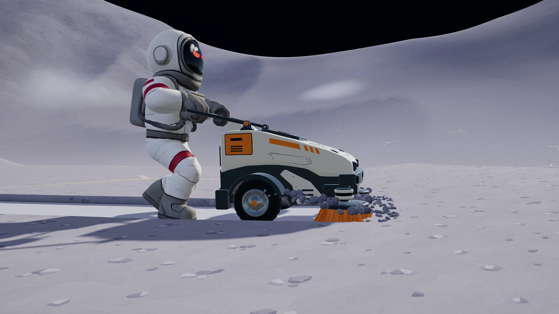 An astronaut in a white and red suit pushes a small wheeled sweeper that kicks up lunar dust across a gray Moon plain