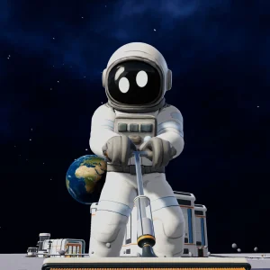 A cartoon astronaut kneels on the gray lunar surface scrubbing dust with a giant toothbrush, with Earth hanging in the black sky behind