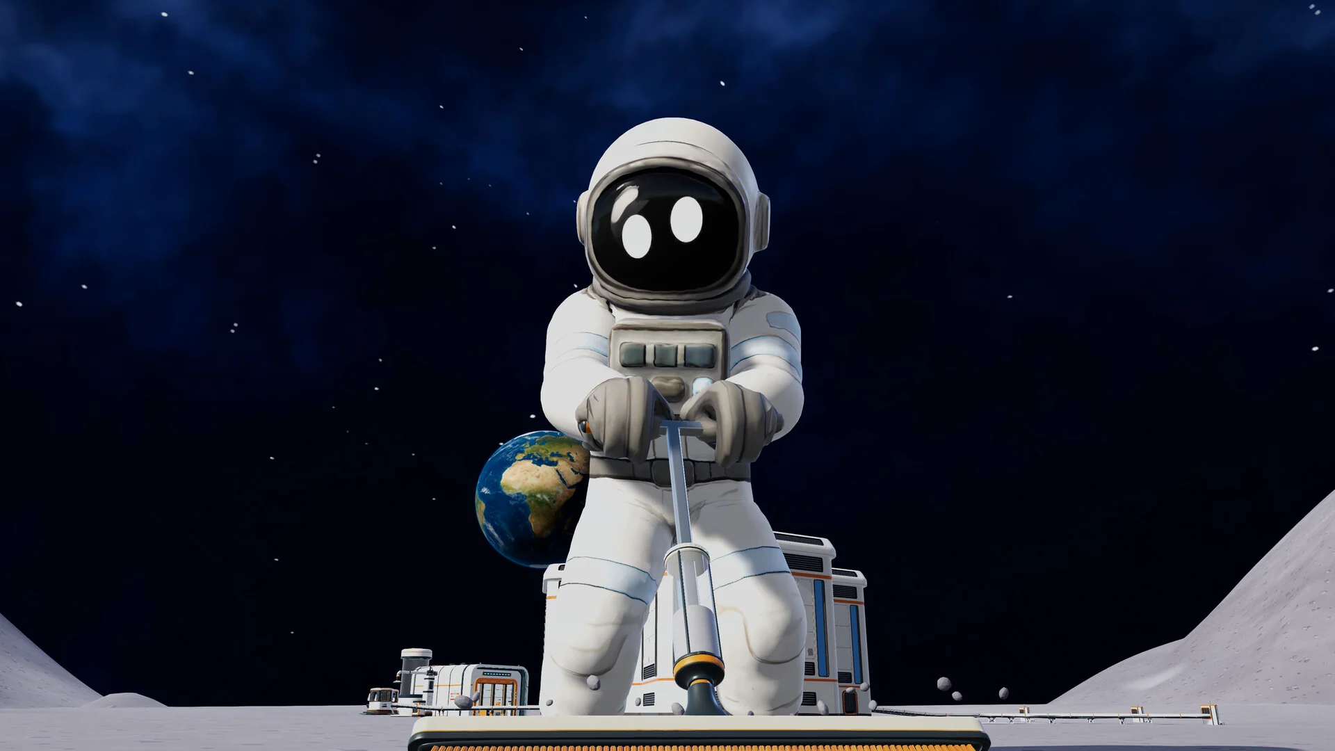 A cartoon astronaut kneels on the gray lunar surface scrubbing dust with a giant toothbrush, with Earth hanging in the black sky behind