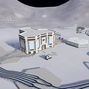 A wide view of a lunar base with a headquarters building, hexagonal foundations and long looping conveyor belts