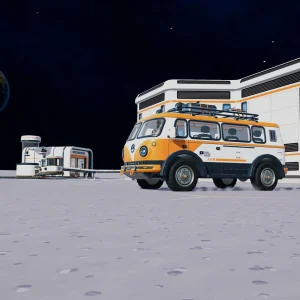 An orange and white camper van parked next to a white Moon base building, with Earth in the starry sky