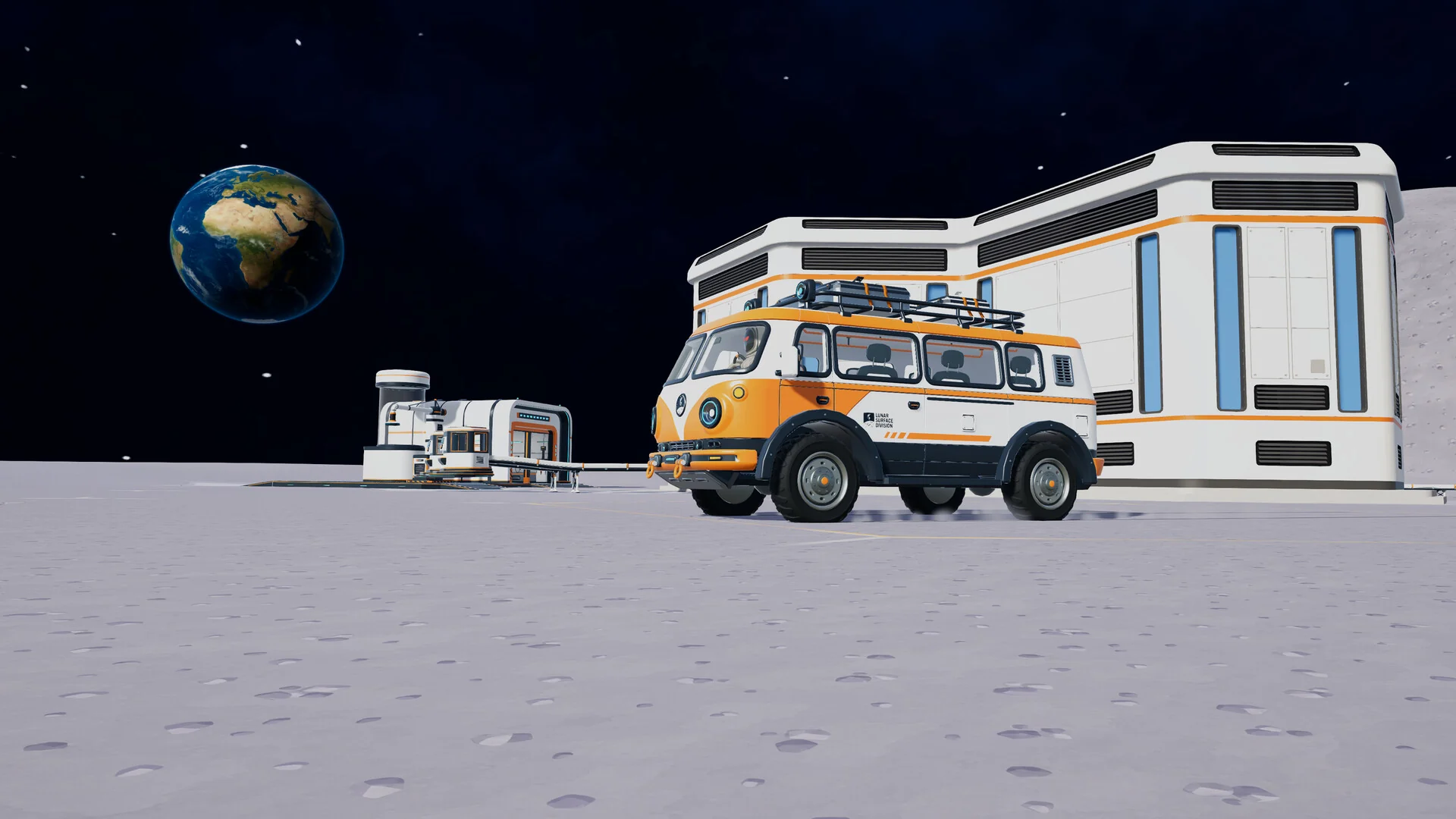 An orange and white camper van parked next to a white Moon base building, with Earth in the starry sky