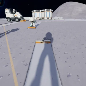 First-person view of a freshly cleaned strip of Moon ground, with another astronaut, a sweeper and a base building in the distance