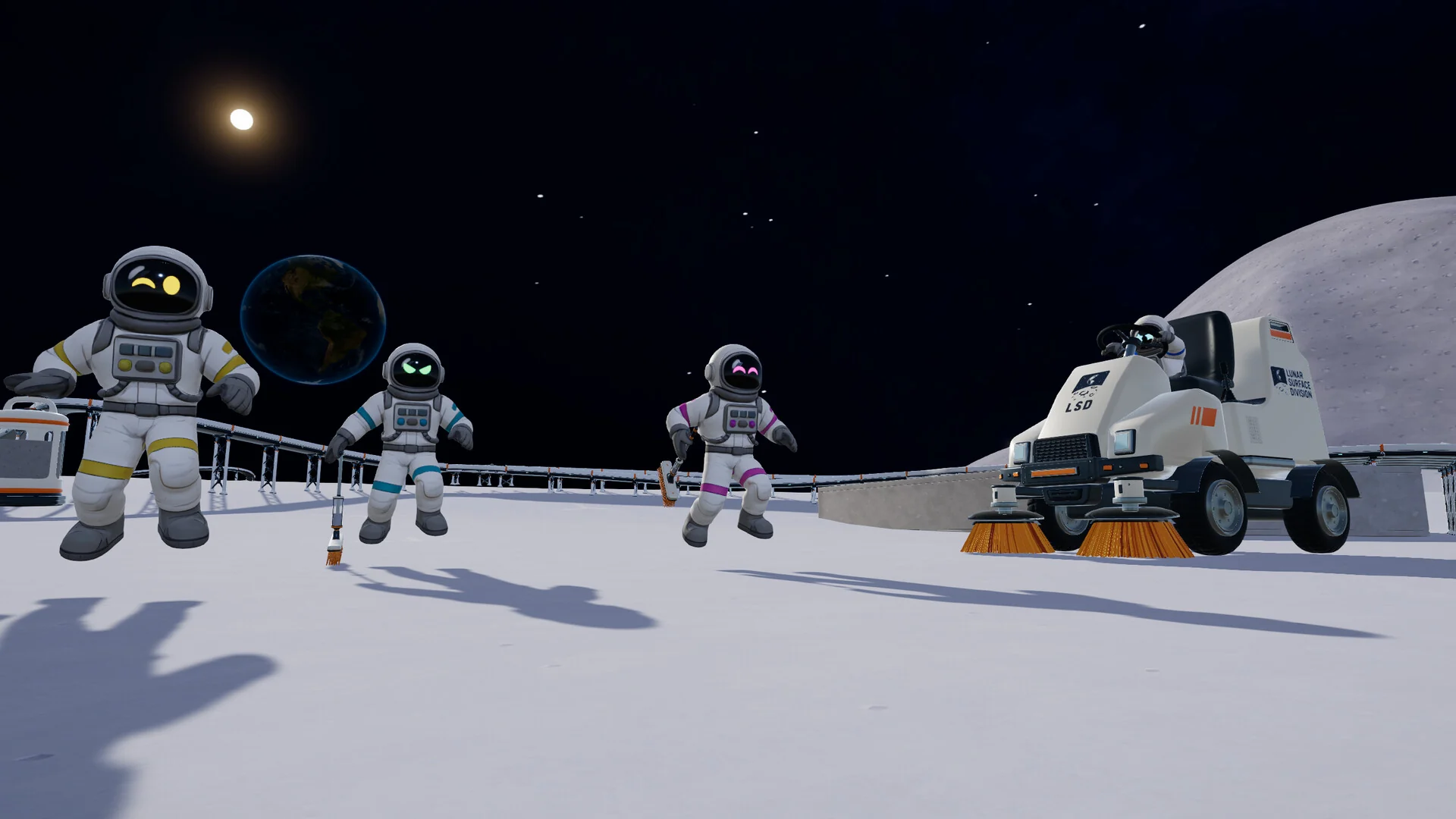 Three cartoon astronauts float beside a small white sweeper vehicle with orange brushes on a dusty Moon surface