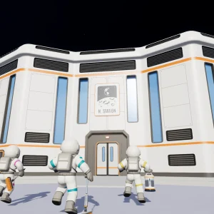 Four astronauts walk toward the entrance of a large white and orange headquarters building on the Moon