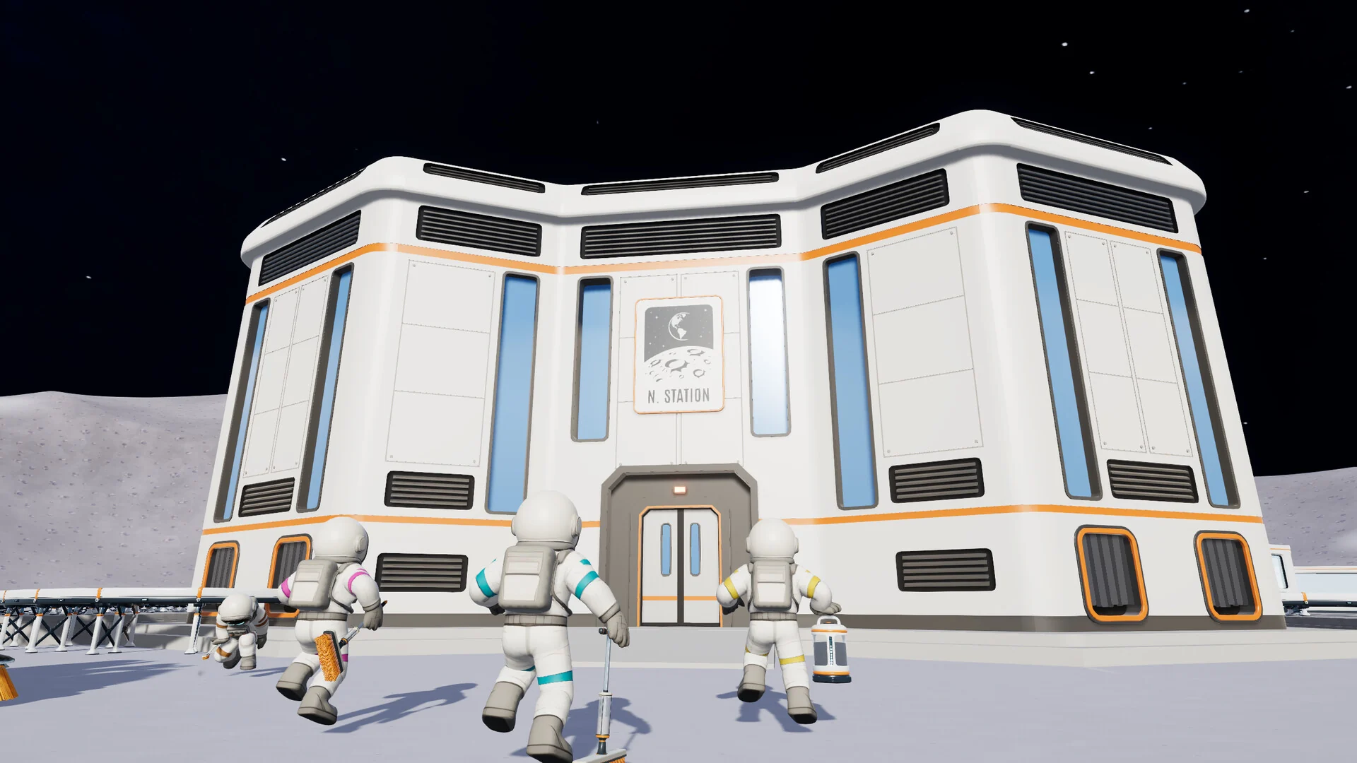 Four astronauts walk toward the entrance of a large white and orange headquarters building on the Moon