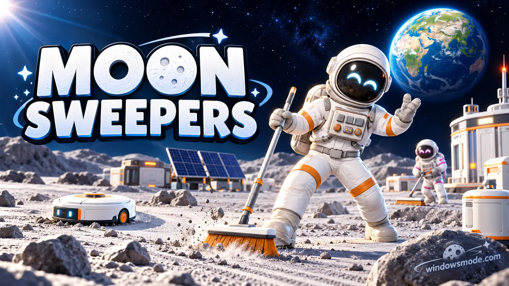 A smiling cartoon astronaut sweeps lunar dust with an orange broom beside the Moon Sweepers logo, with a cleaning robot, solar panels, a Moon base and Earth in the sky