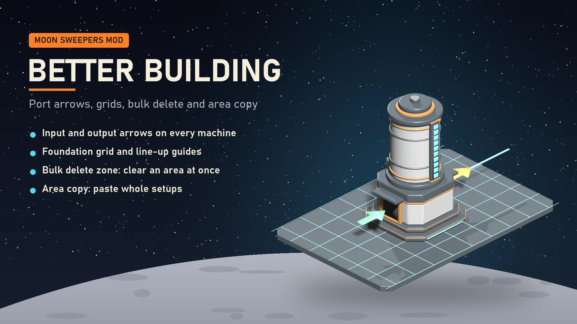 Banner for the Better Building mod showing a machine on a foundation grid with arrows marking its input and output ports