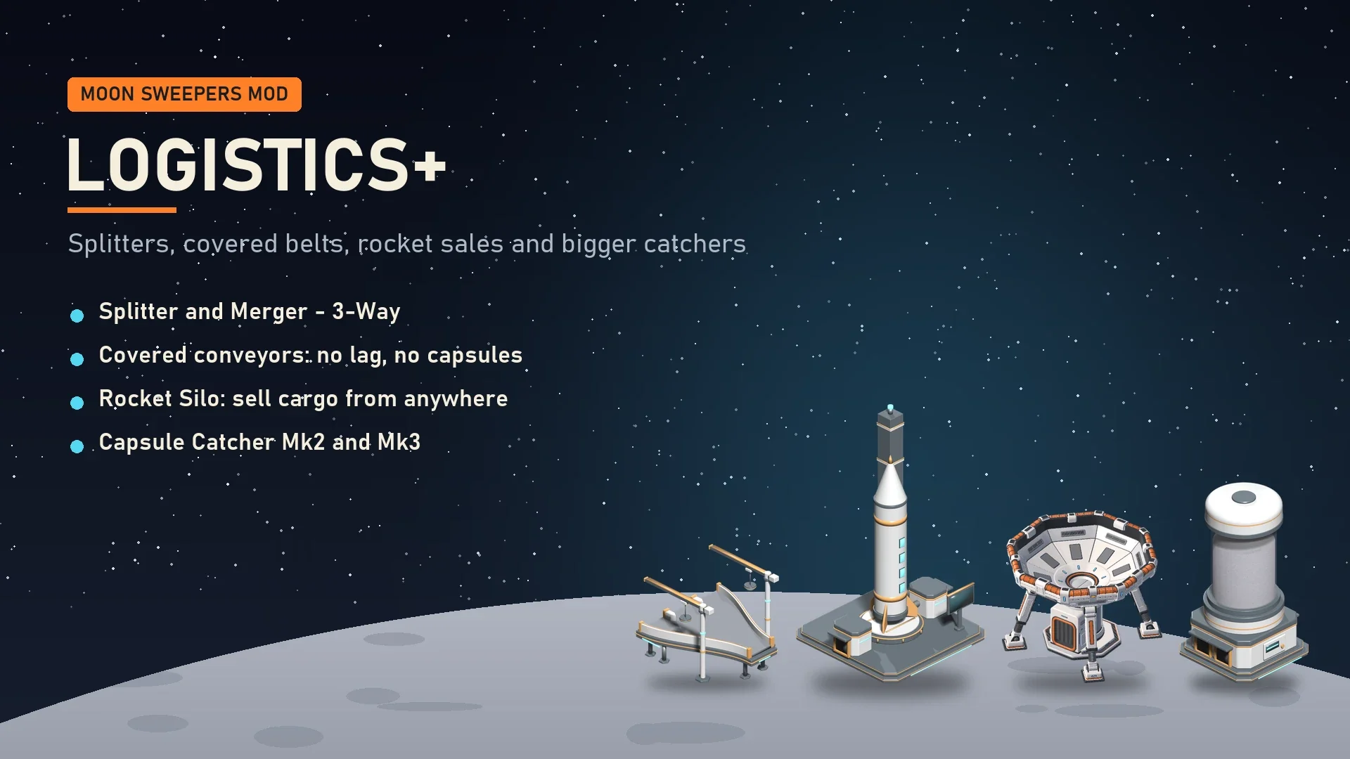 Banner for the LogisticsPlus mod showing a three-way splitter, a rocket silo and larger capsule catchers on the Moon