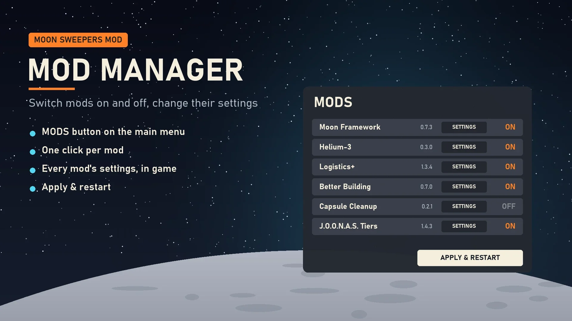 Banner for the Mod Manager mod showing an in-game list of installed mods with on and off switches and an Apply and Restart button
