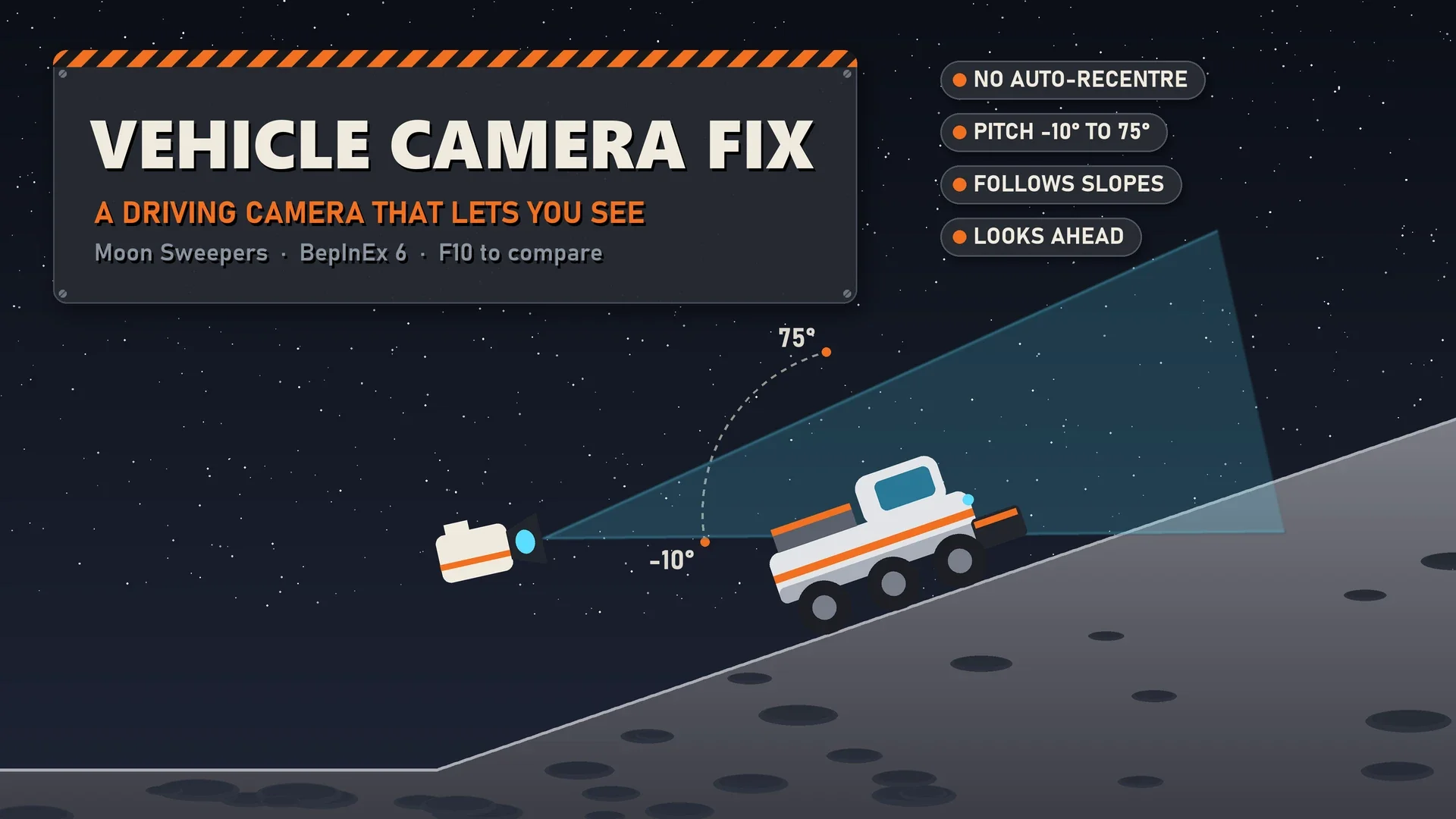 Banner for the Vehicle Camera Fix mod showing a camera angle diagram behind a sweeper driving up a lunar slope