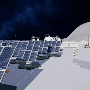 Rows of blue solar panels spread out in front of a white Moon base building under a starry sky