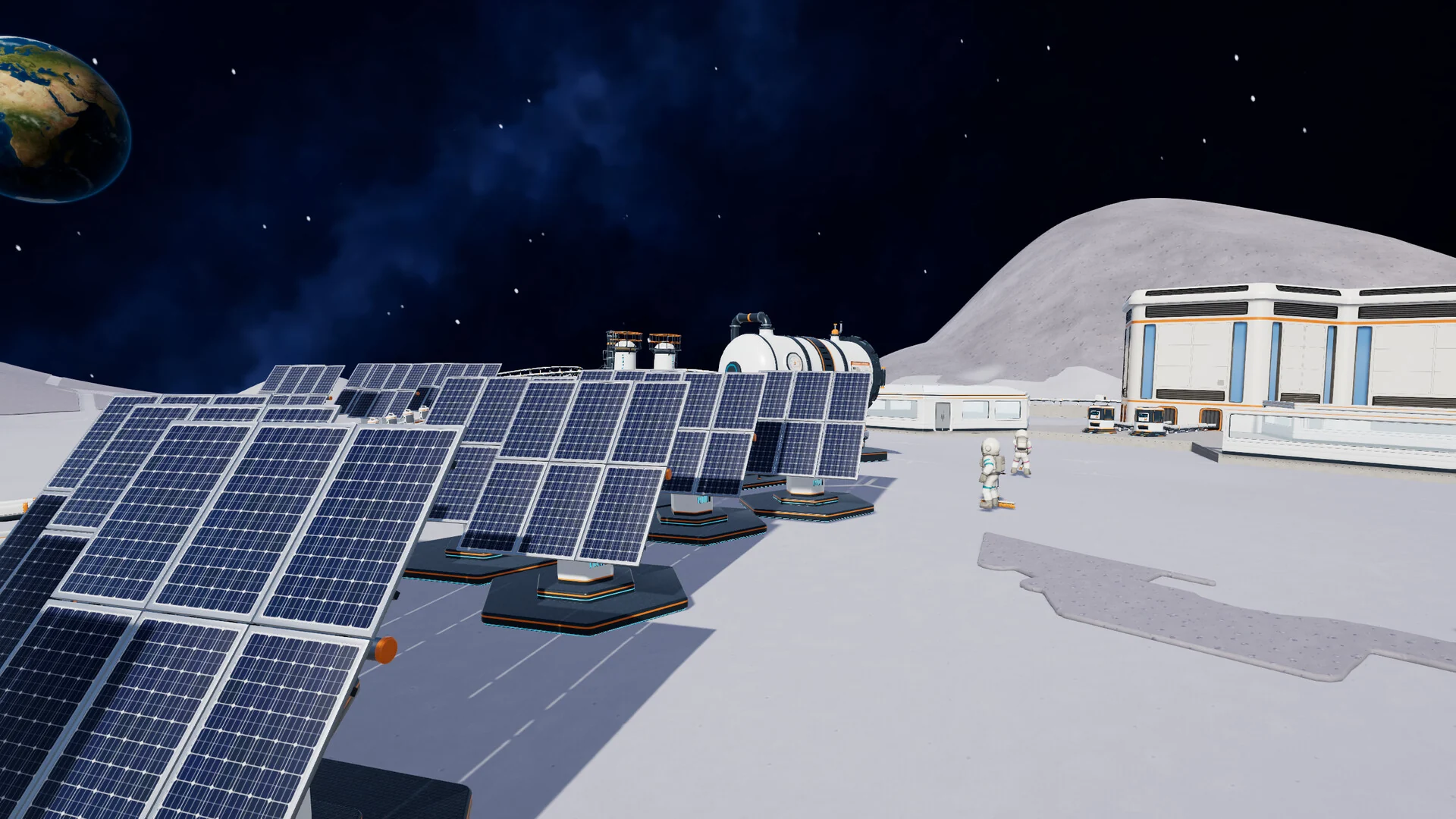 Rows of blue solar panels spread out in front of a white Moon base building under a starry sky