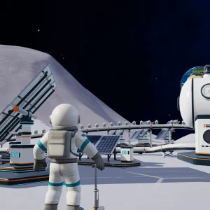 An astronaut stands among tilted solar panels and large white storage tanks at a Moon base