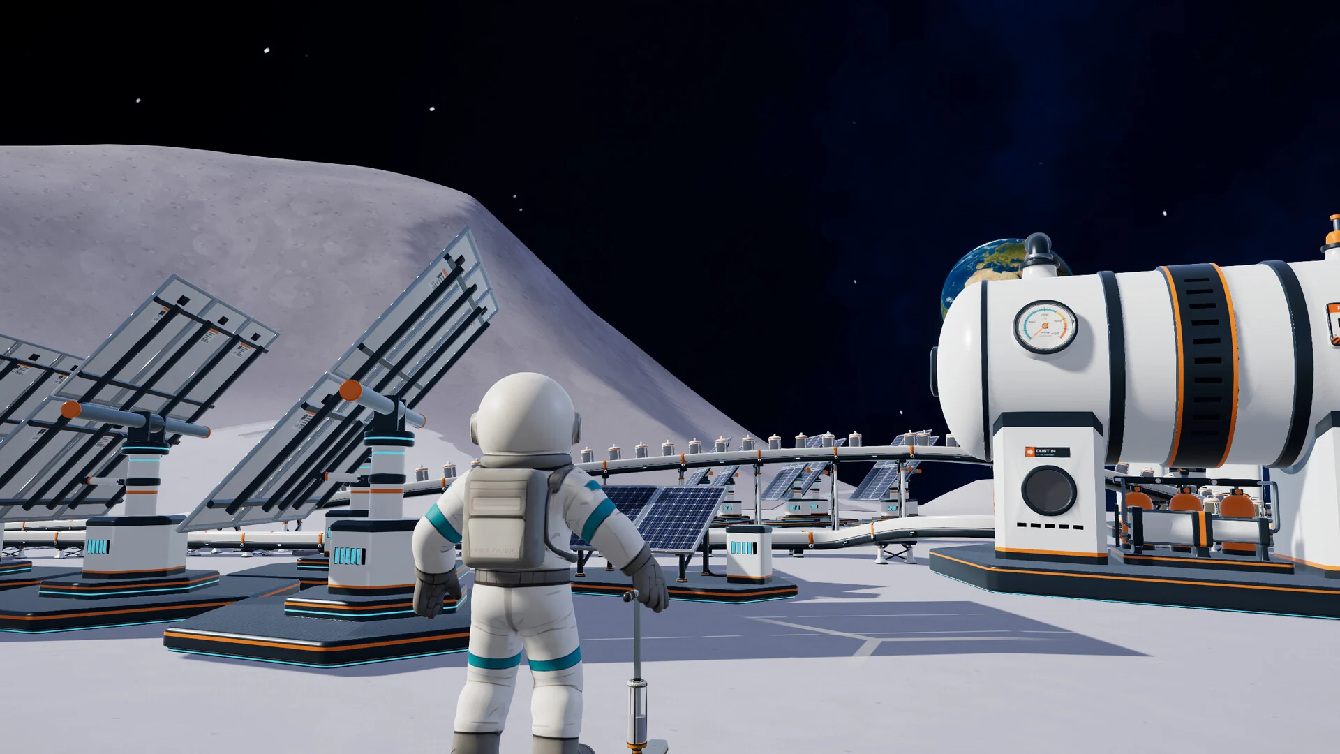 An astronaut stands among tilted solar panels and large white storage tanks at a Moon base