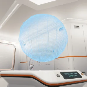 A large blue hologram globe of the Moon floats above a curved white terminal desk inside a lunar station