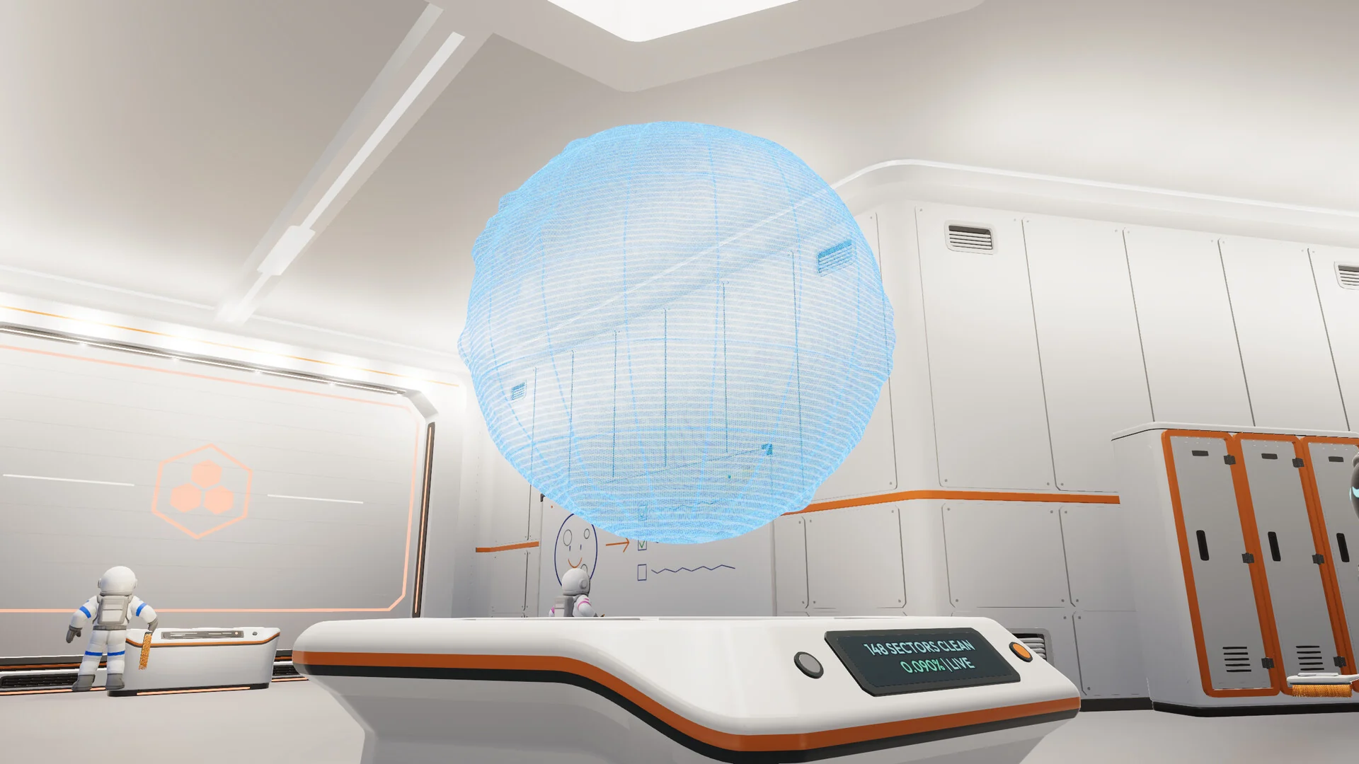 A large blue hologram globe of the Moon floats above a curved white terminal desk inside a lunar station