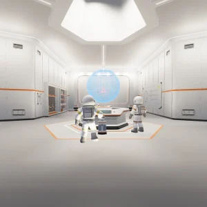 Two astronauts inside a bright white station room lined with orange lockers, with a glowing blue globe in the center