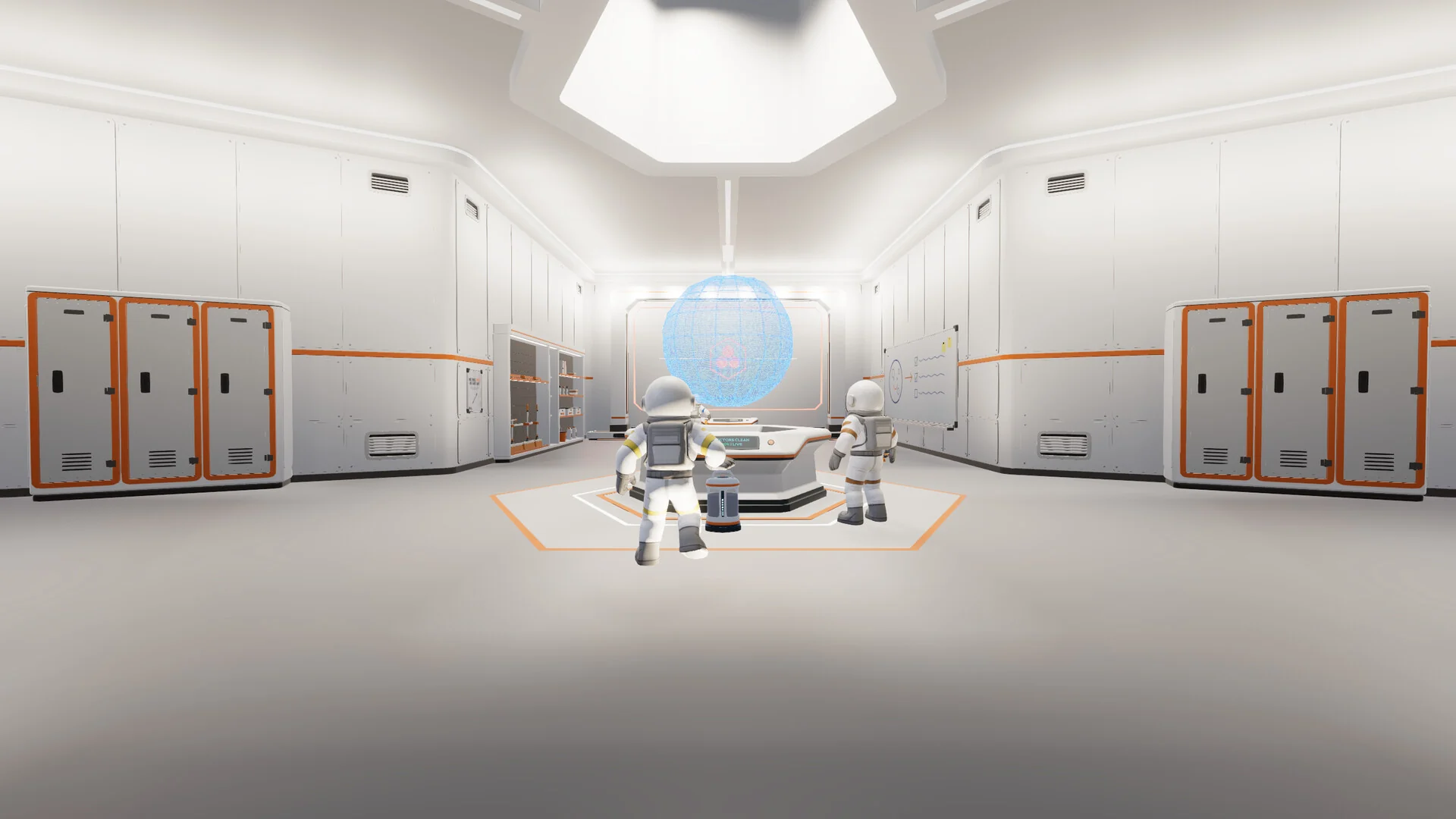 Two astronauts inside a bright white station room lined with orange lockers, with a glowing blue globe in the center