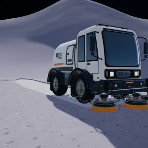 A large white street sweeper truck with spinning orange brushes drives across a dusty Moon slope