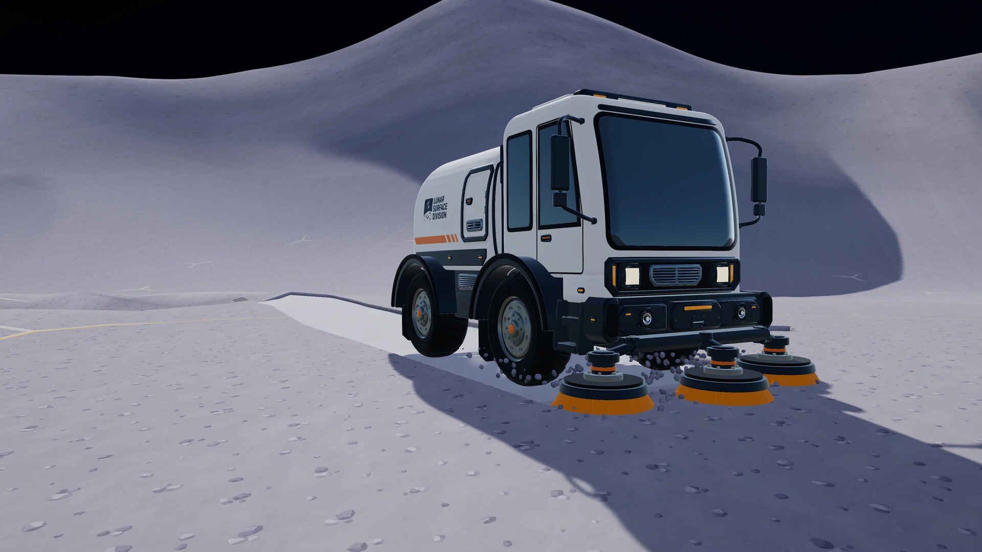 A large white street sweeper truck with spinning orange brushes drives across a dusty Moon slope
