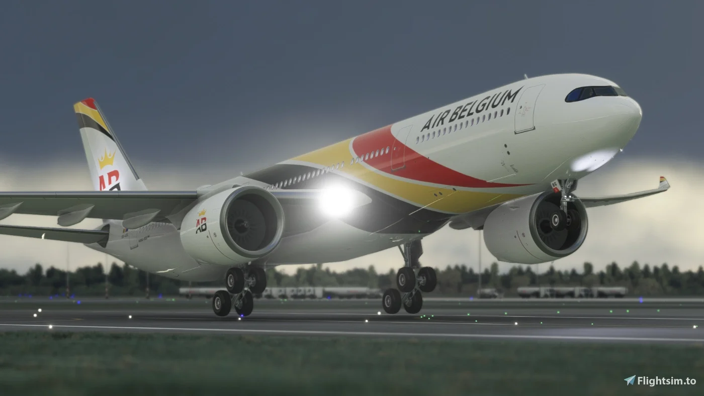 An Air Belgium Airbus A330-900neo from the free A339X mod taking off from a wet runway in Microsoft Flight Simulator