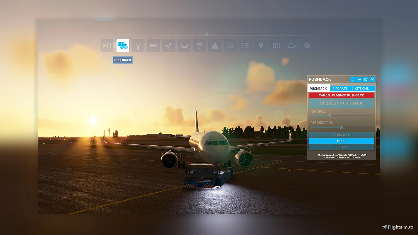 The Toolbar Pushback window open over an airliner being pushed back from the gate at dusk in Microsoft Flight Simulator
