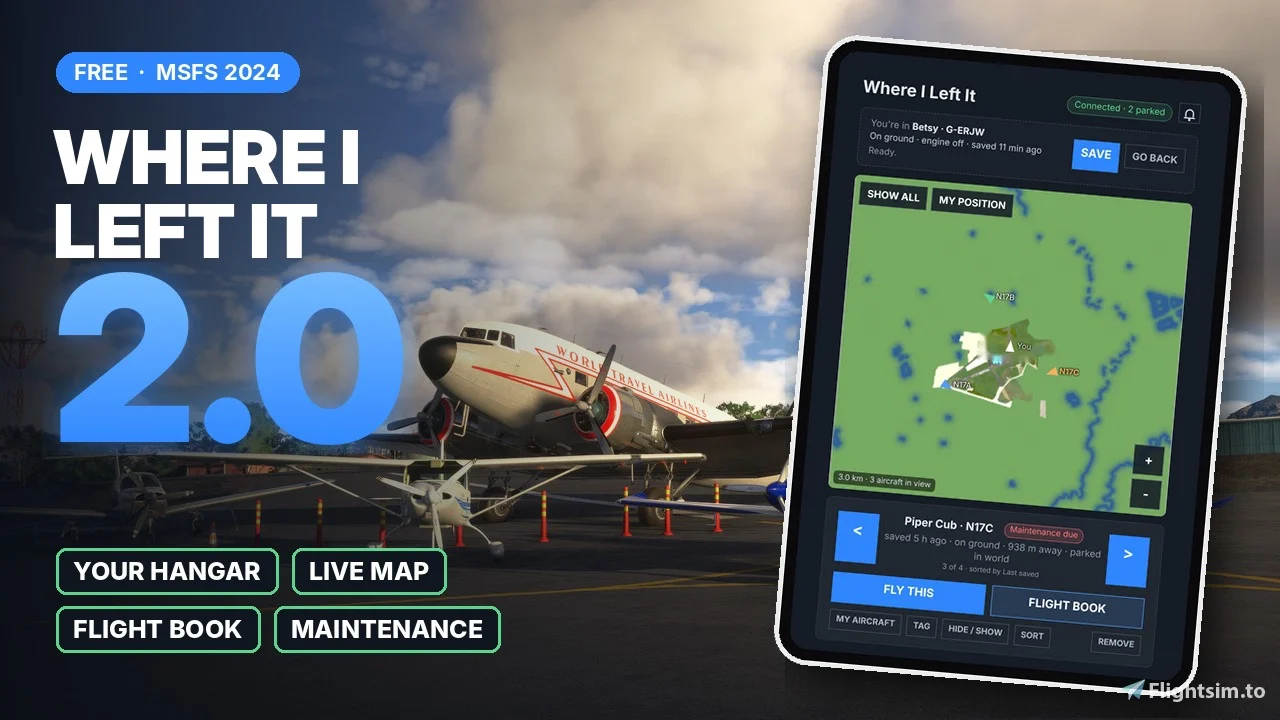 A parked vintage airliner beside a tablet showing the Where I Left It hangar map, for persistent aircraft positions in Microsoft Flight Simulator 2024
