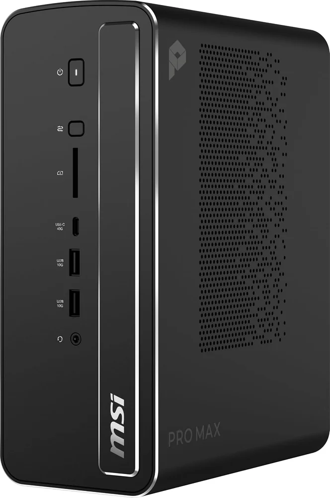 Small black MSI PRO MAX EDGE AI+ mini PC standing upright, with front USB ports and an SD card slot