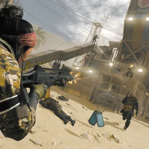 Modern Warfare III firefight on a sandy oil rig map