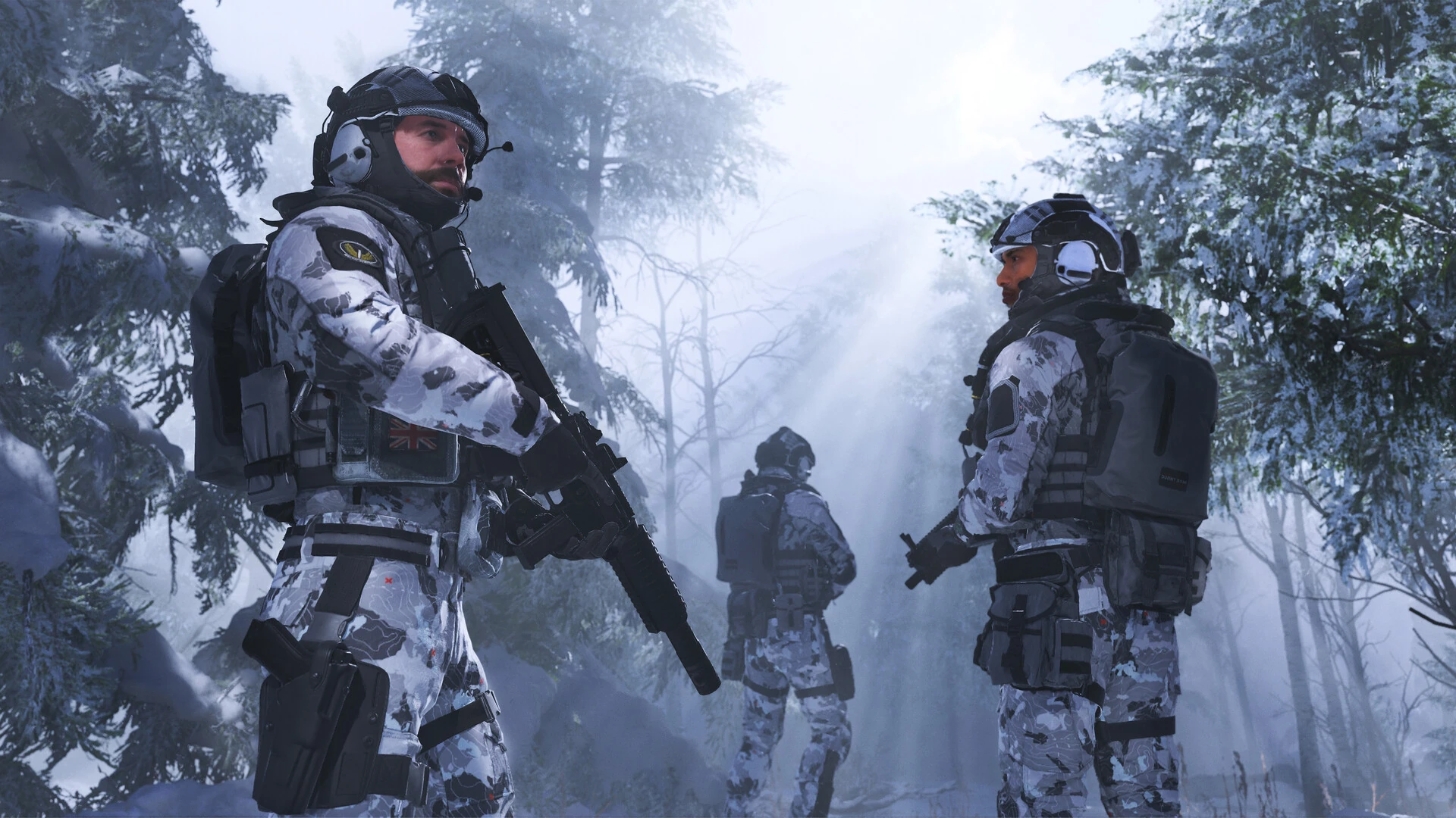 Soldiers in winter camouflage gather among snowy pine trees with sunlight breaking through