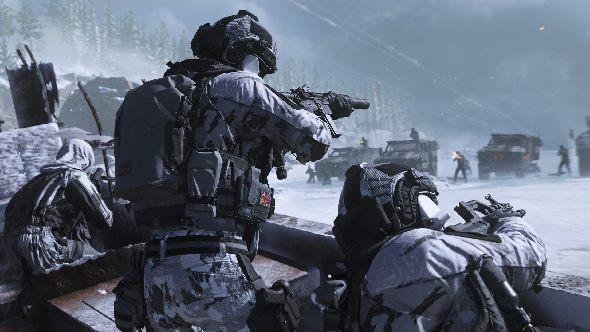 Two soldiers in winter gear fire from a snowy overlook at a convoy of trucks below