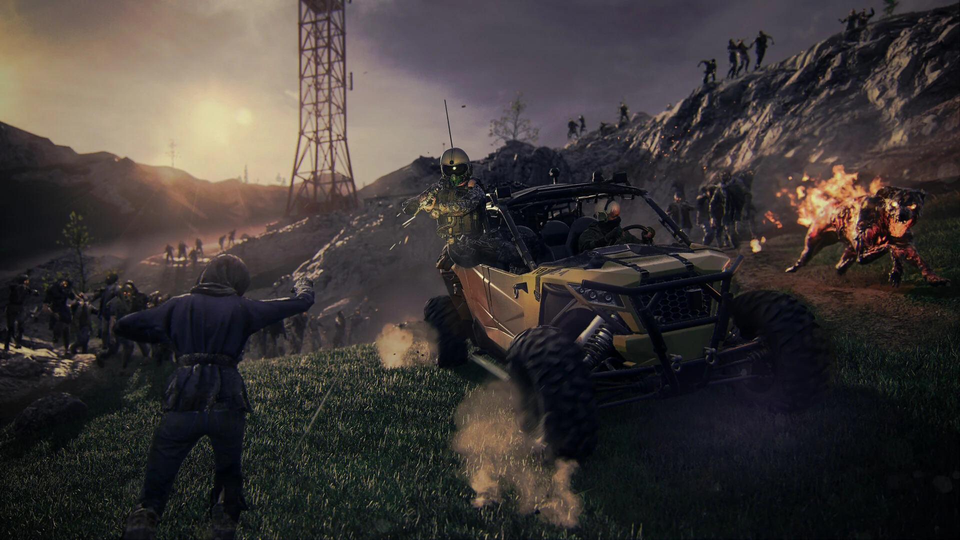 A horde of zombies swarms a hillside and an off-road vehicle at sunset in Modern Warfare Zombies