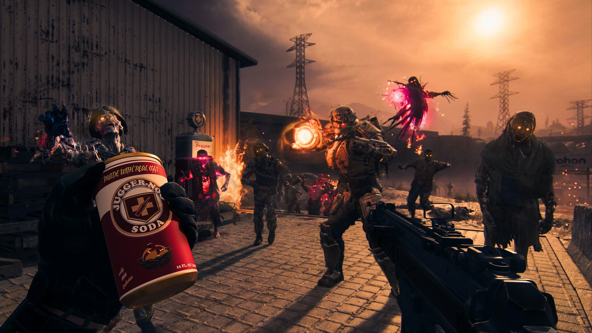 A player holds up a red Juggernog soda can while zombies close in near a farm building in Modern Warfare Zombies