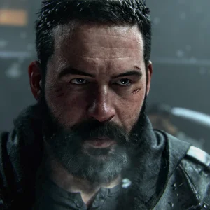 A close-up of a bearded, battle-worn soldier staring ahead in the rain