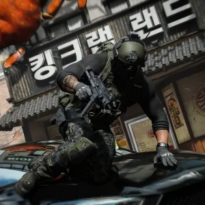 Modern Warfare 4 operator vaulting a car on a Korean street