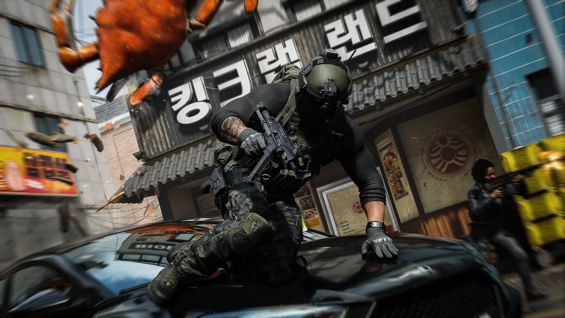 An operator in black gear vaults over a car on a street lined with Korean shop signs while another fighter fires nearby
