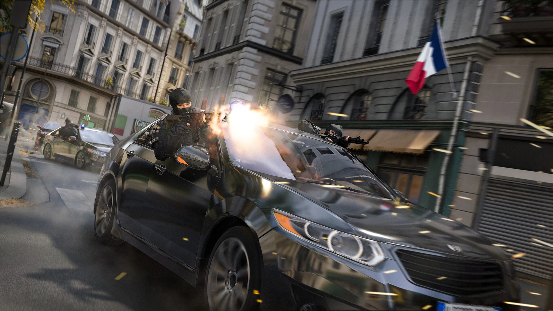 A gunman fires from the window of a speeding black car on a Paris street lined with stone buildings and a French flag