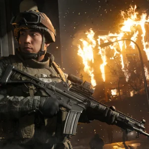 Modern Warfare 4 soldier in front of a burning building