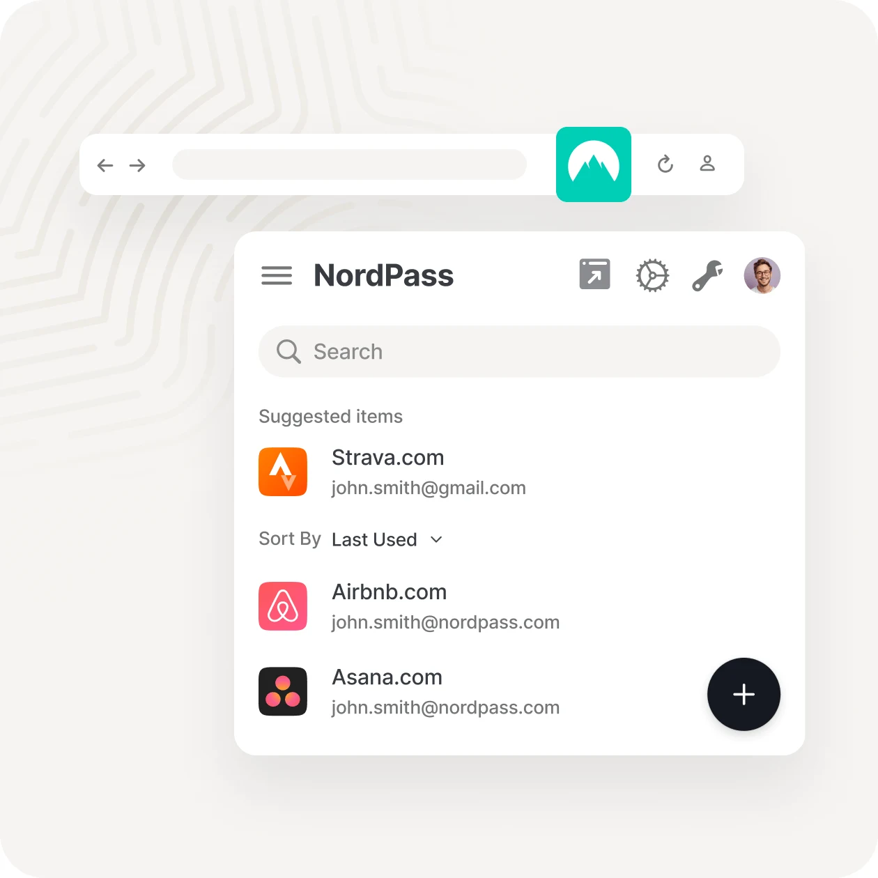 NordPass browser extension pop-up under the address bar, suggesting saved Strava, Airbnb and Asana logins with a search box at the top
