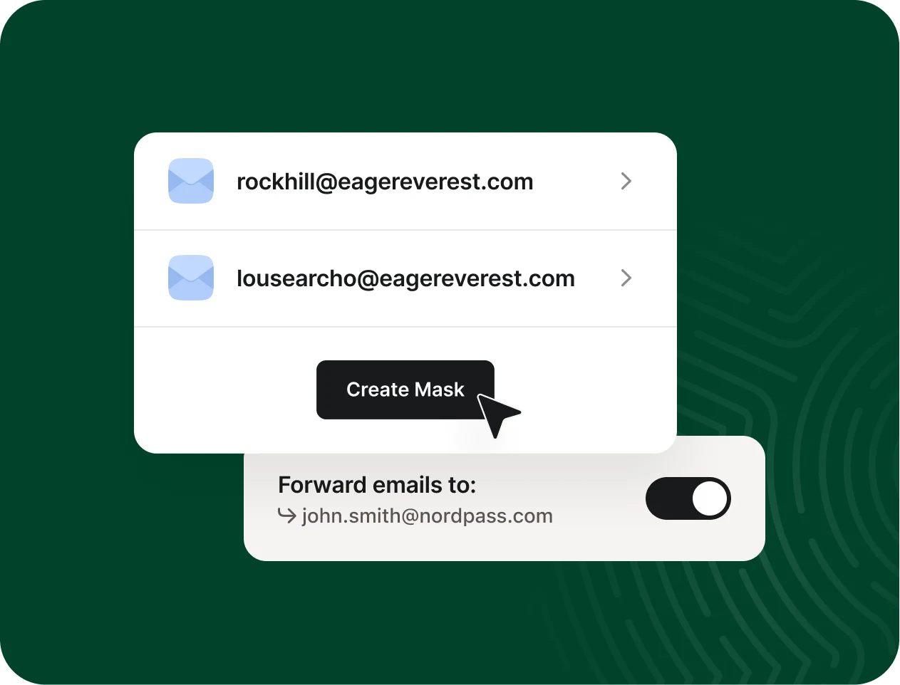 NordPass Email Masking list with two masked email addresses, a Create Mask button and a switch forwarding mail to the real inbox