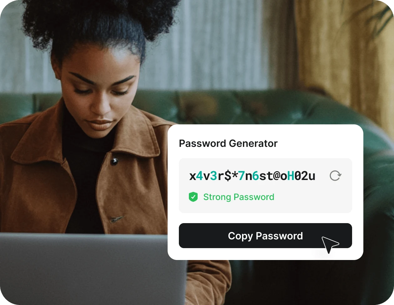 NordPass Password Generator card showing a random strong password with a Copy Password button, over a woman working on a laptop