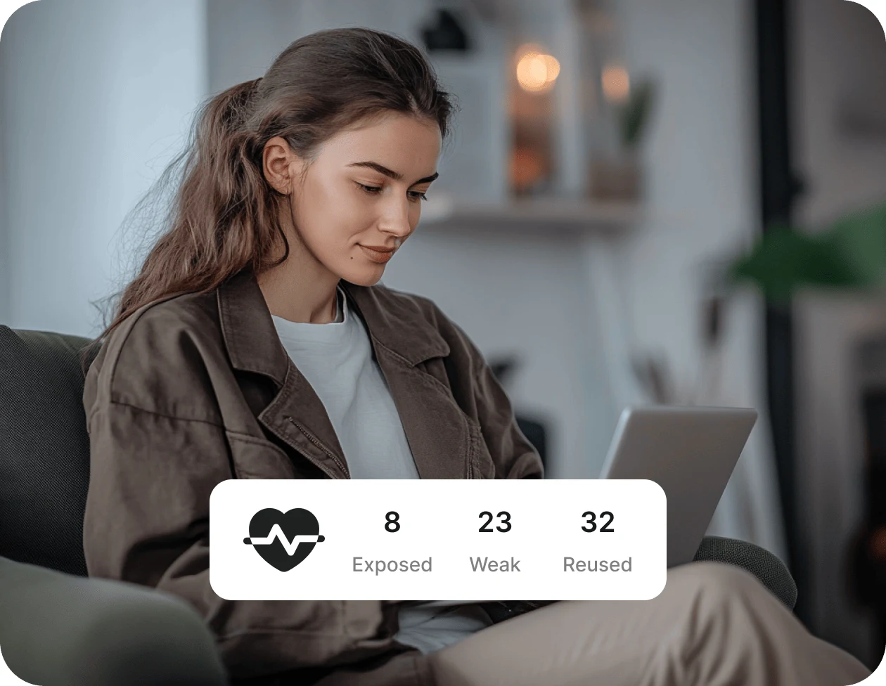 NordPass Password Health summary counting 8 exposed, 23 weak and 32 reused passwords, over a woman using a laptop on a sofa