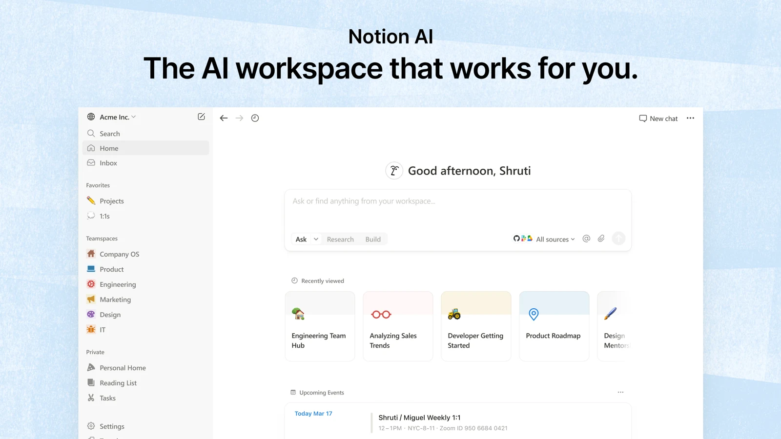 Notion Home page with an Ask anything box for Notion AI, recently viewed pages and upcoming calendar events