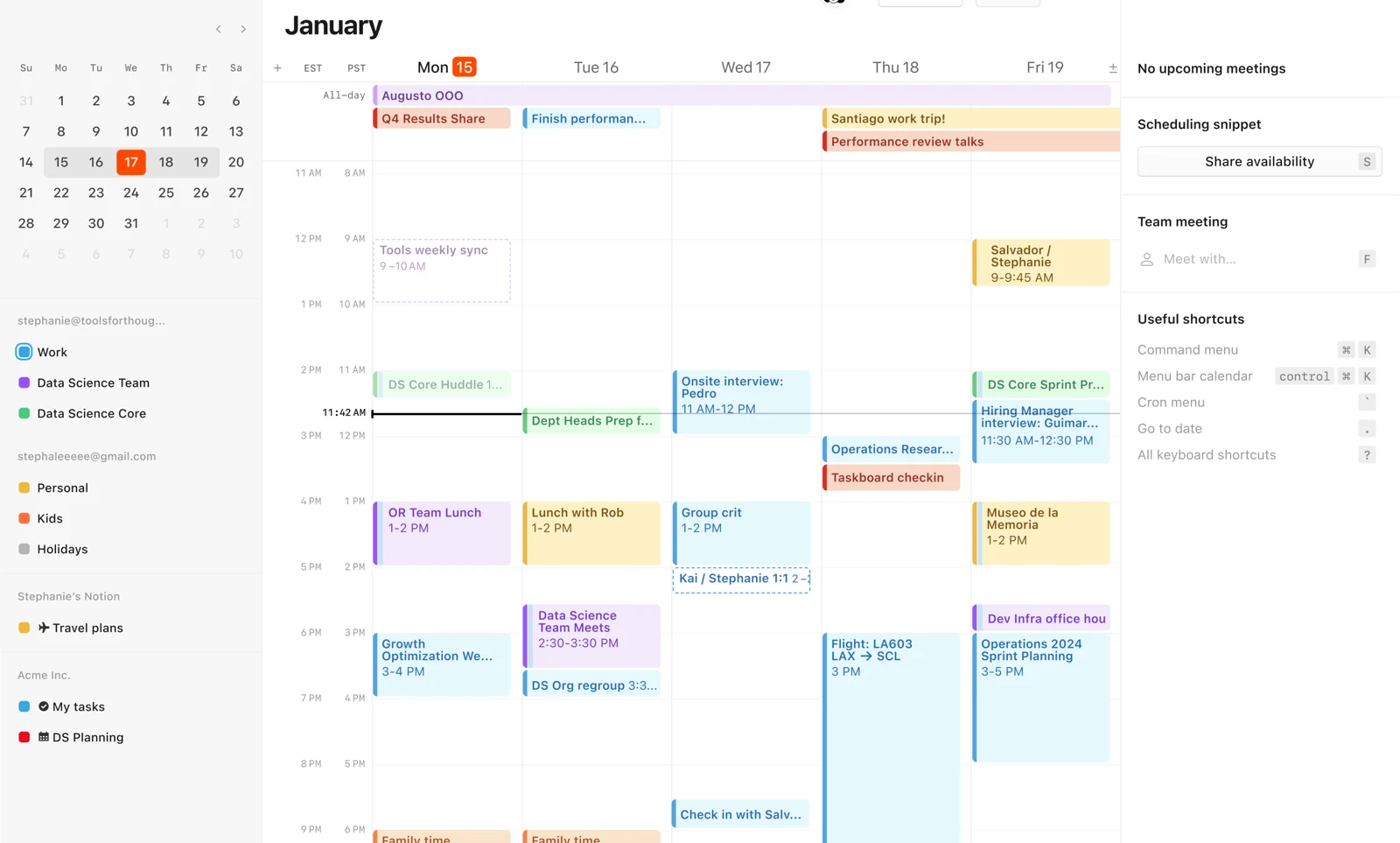 Notion Calendar showing a five-day week of color-coded meetings, a month picker and work and personal calendars in the sidebar
